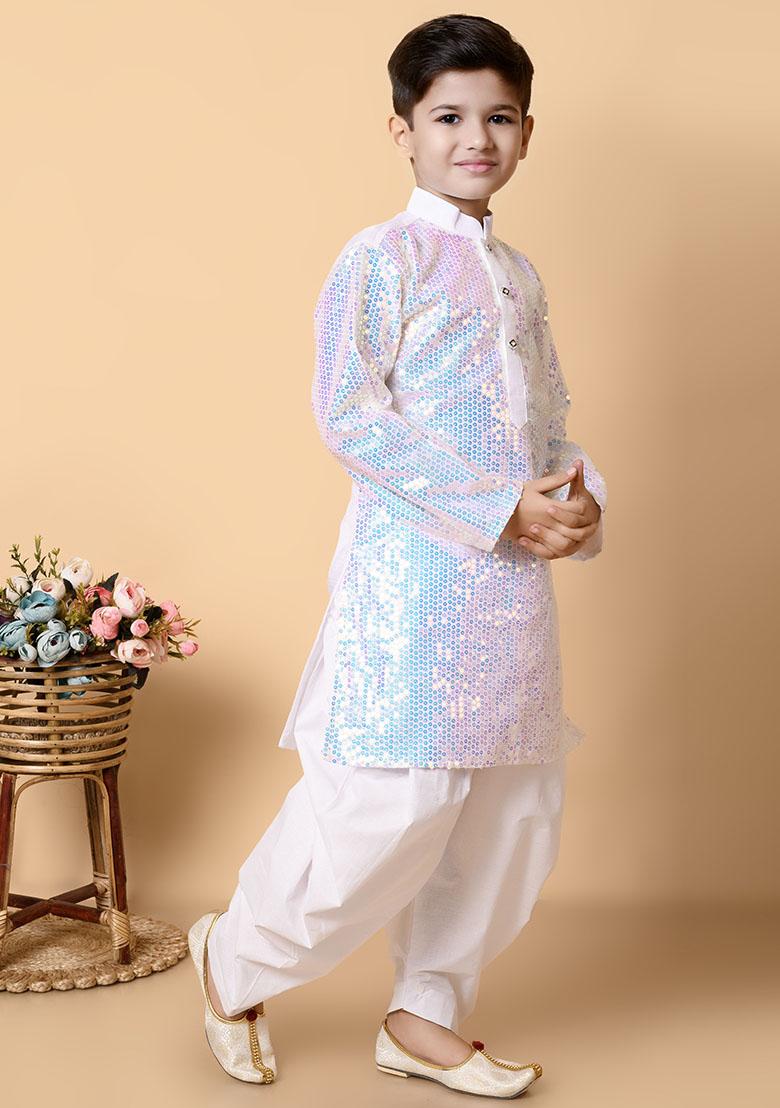 White Embroidered Silk Kurta Set For Boy