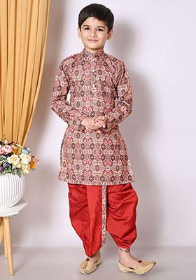 Maroon Embroidered Cotton Kurta Set For Boy