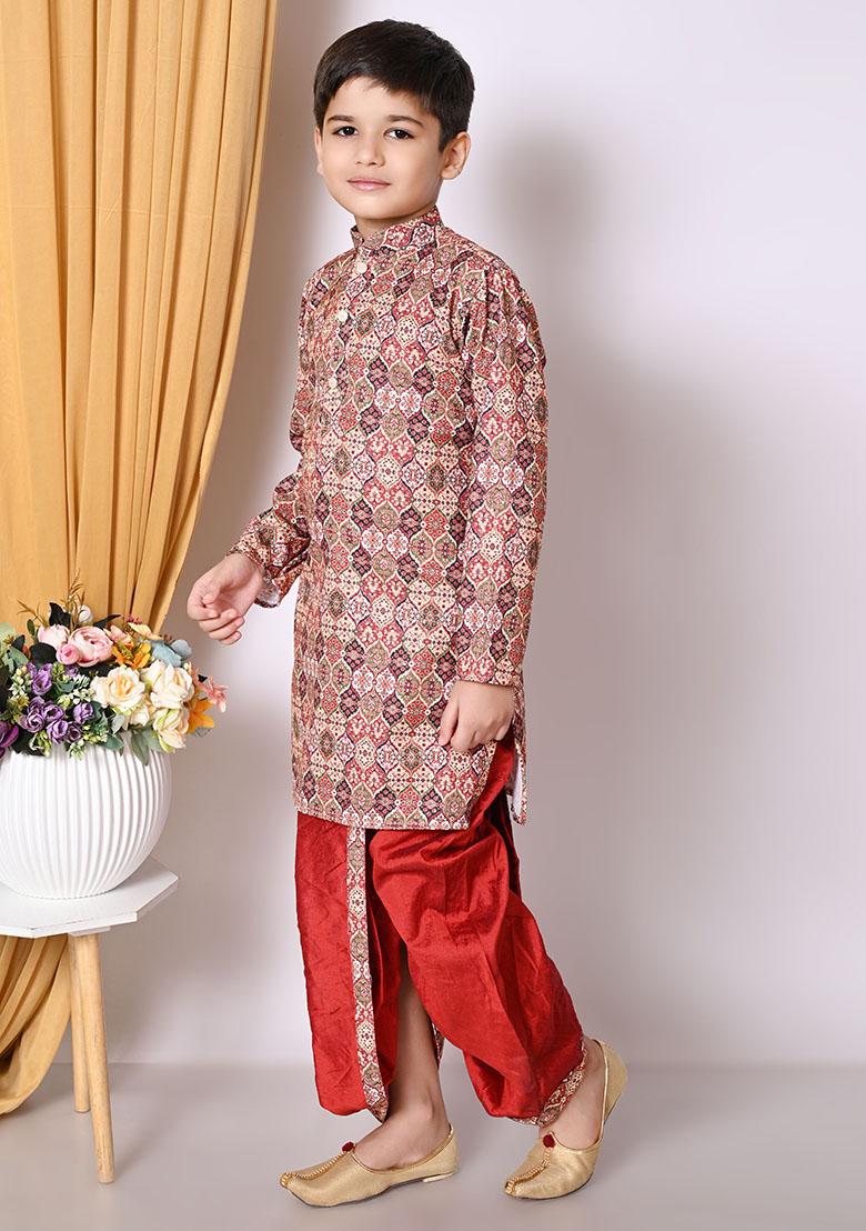 Maroon Embroidered Cotton Kurta Set For Boy