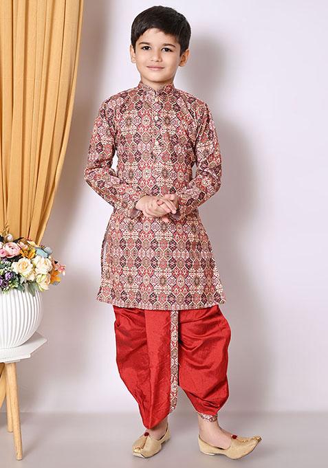 Maroon Embroidered Cotton Kurta Set For Boy