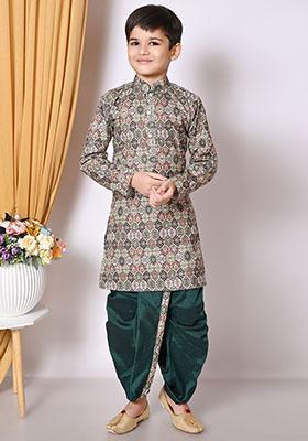 Deep Green Embroidered Cotton Kurta Set For Boy