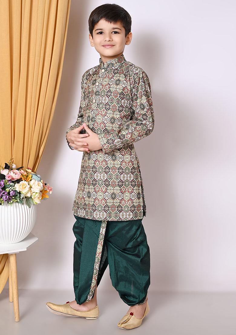 Deep Green Embroidered Cotton Kurta Set For Boy