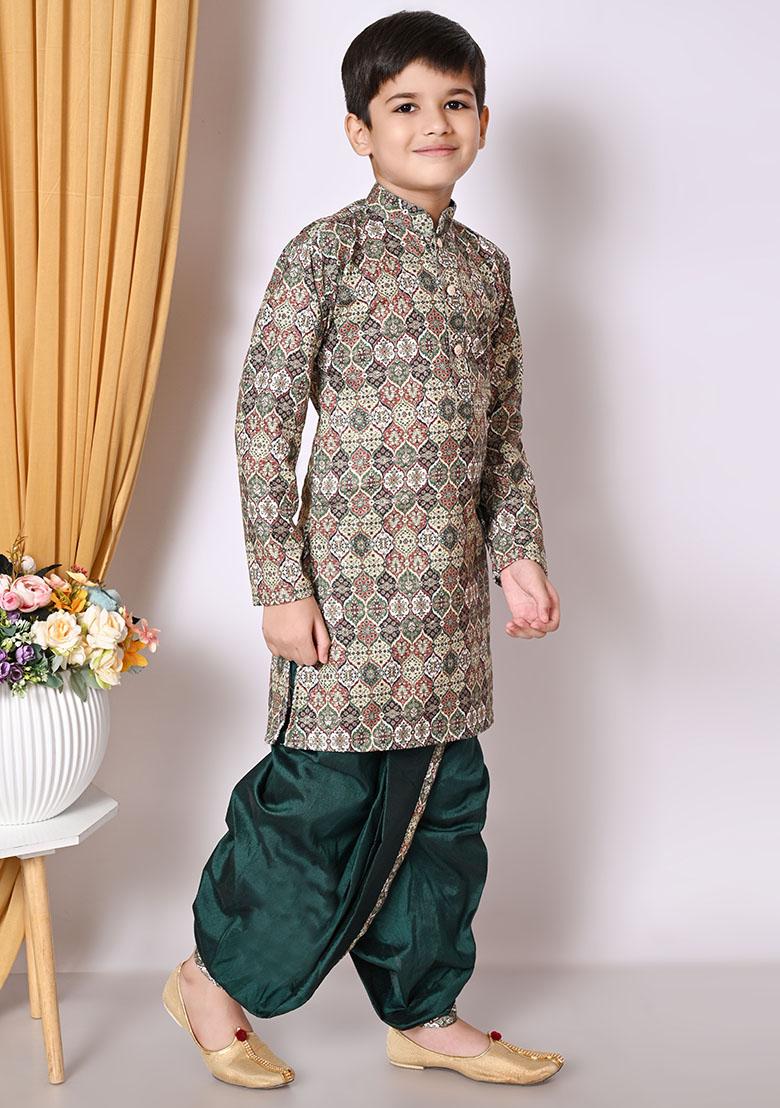 Deep Green Embroidered Cotton Kurta Set For Boy