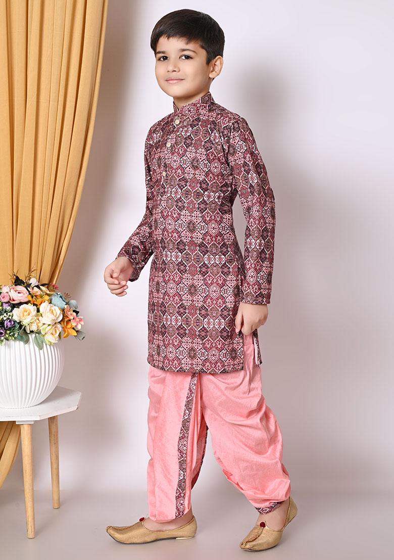 Peach Embroidered Cotton Kurta Set For Boy