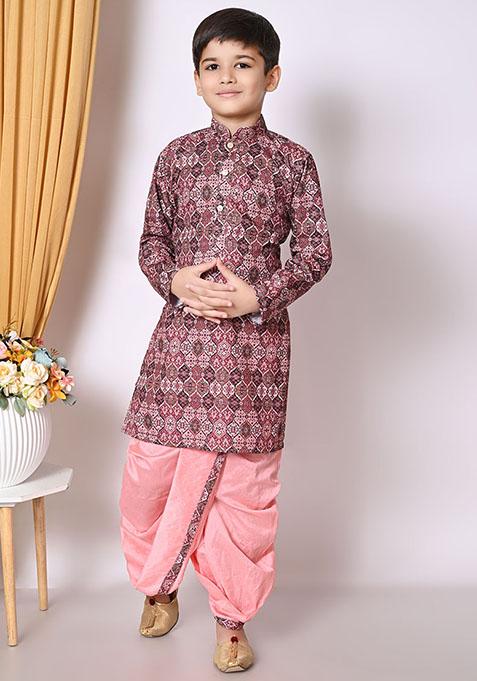 Peach Embroidered Cotton Kurta Set For Boy