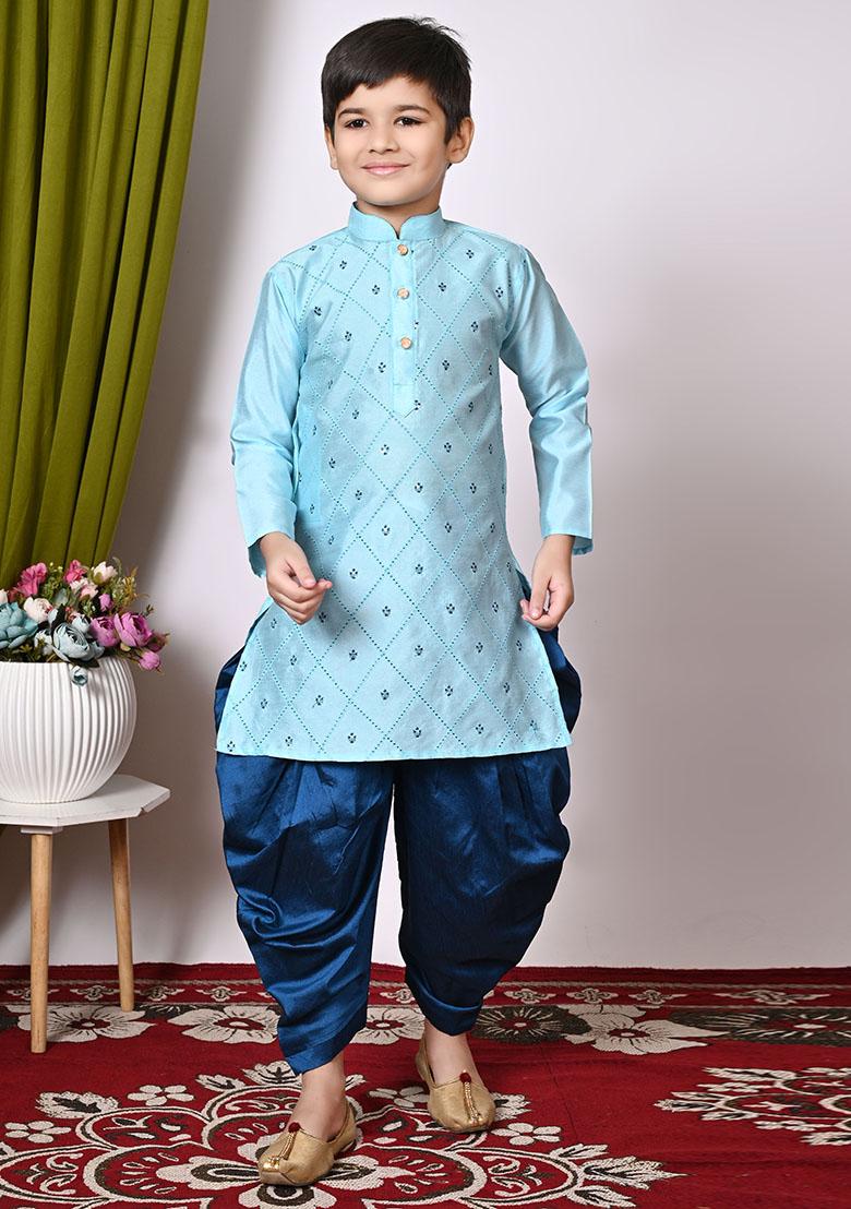 Aqua Blue Embroidered Silk Kurta Set For Boy