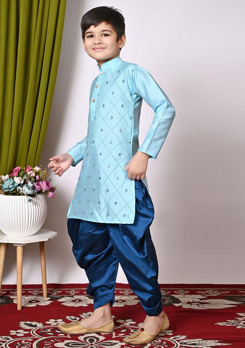 Aqua Blue Embroidered Silk Kurta Set For Boy
