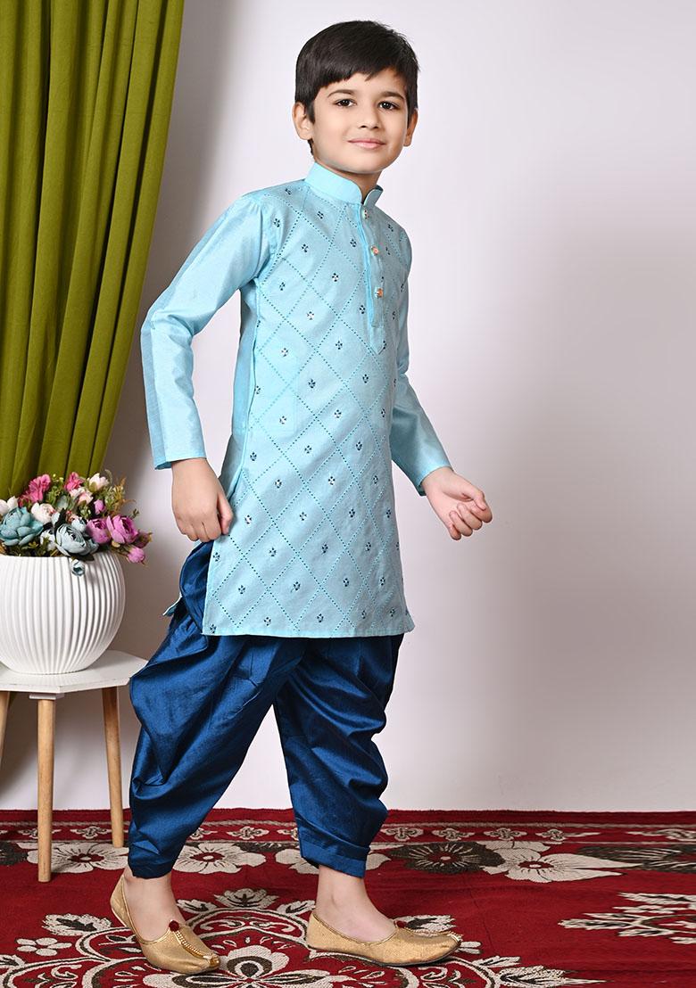 Aqua Blue Embroidered Silk Kurta Set For Boy