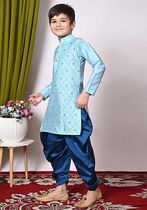 Aqua Blue Embroidered Silk Kurta Set For Boy