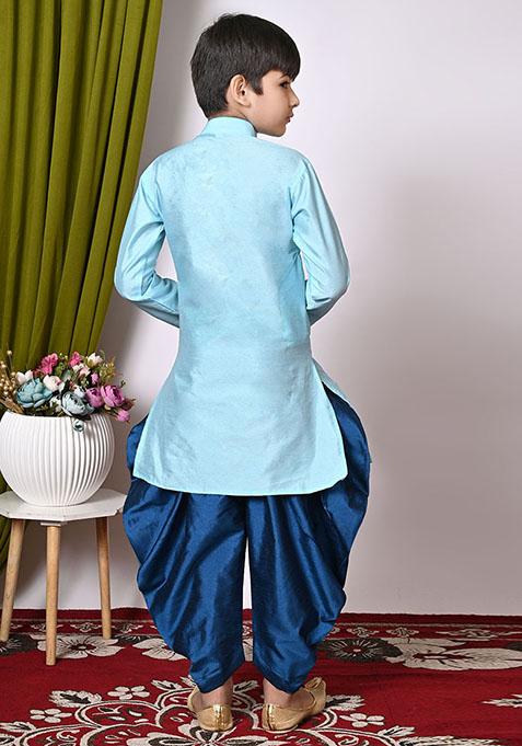 Aqua Blue Embroidered Silk Kurta Set For Boy