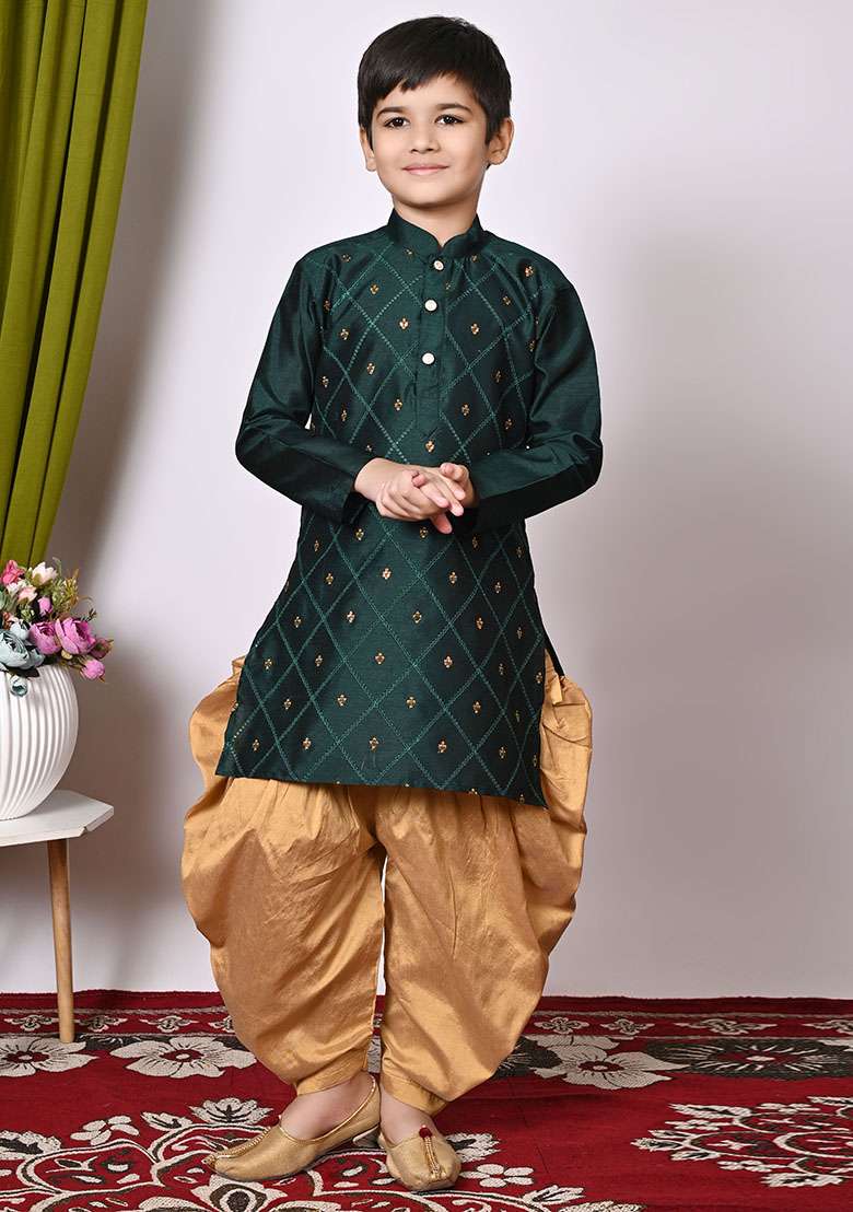 Bottel Green Embroidered Silk Kurta Set For Boy - Indya