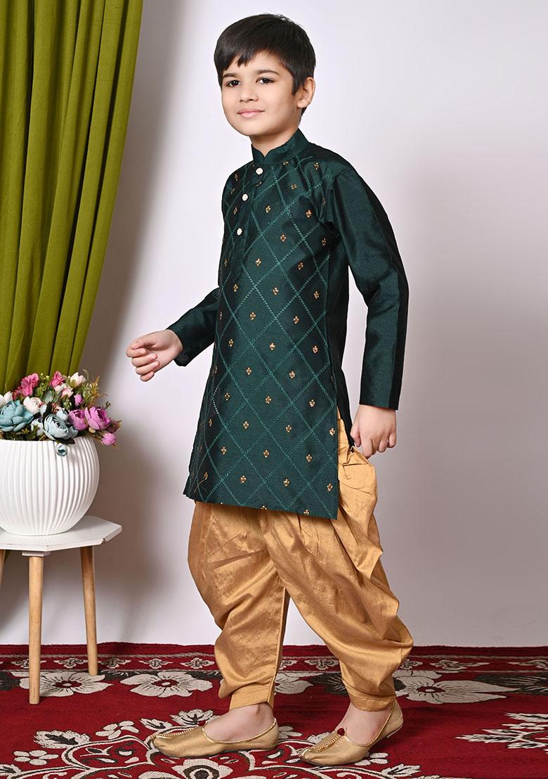 Bottel Green Embroidered Silk Kurta Set For Boy