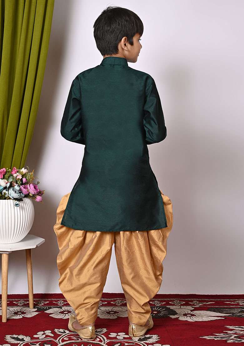 Bottel Green Embroidered Silk Kurta Set For Boy - Indya