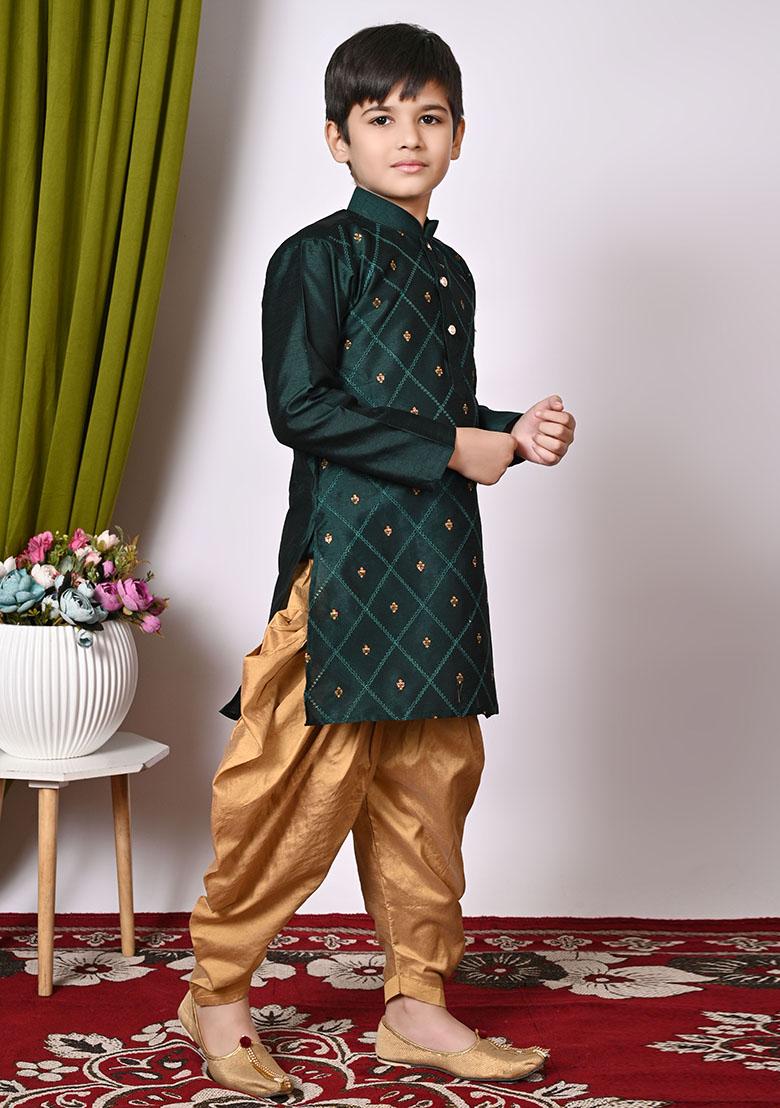Bottel Green Embroidered Silk Kurta Set For Boy