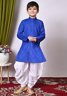 Blue Embroidered Cotton Kurta Set For Boy