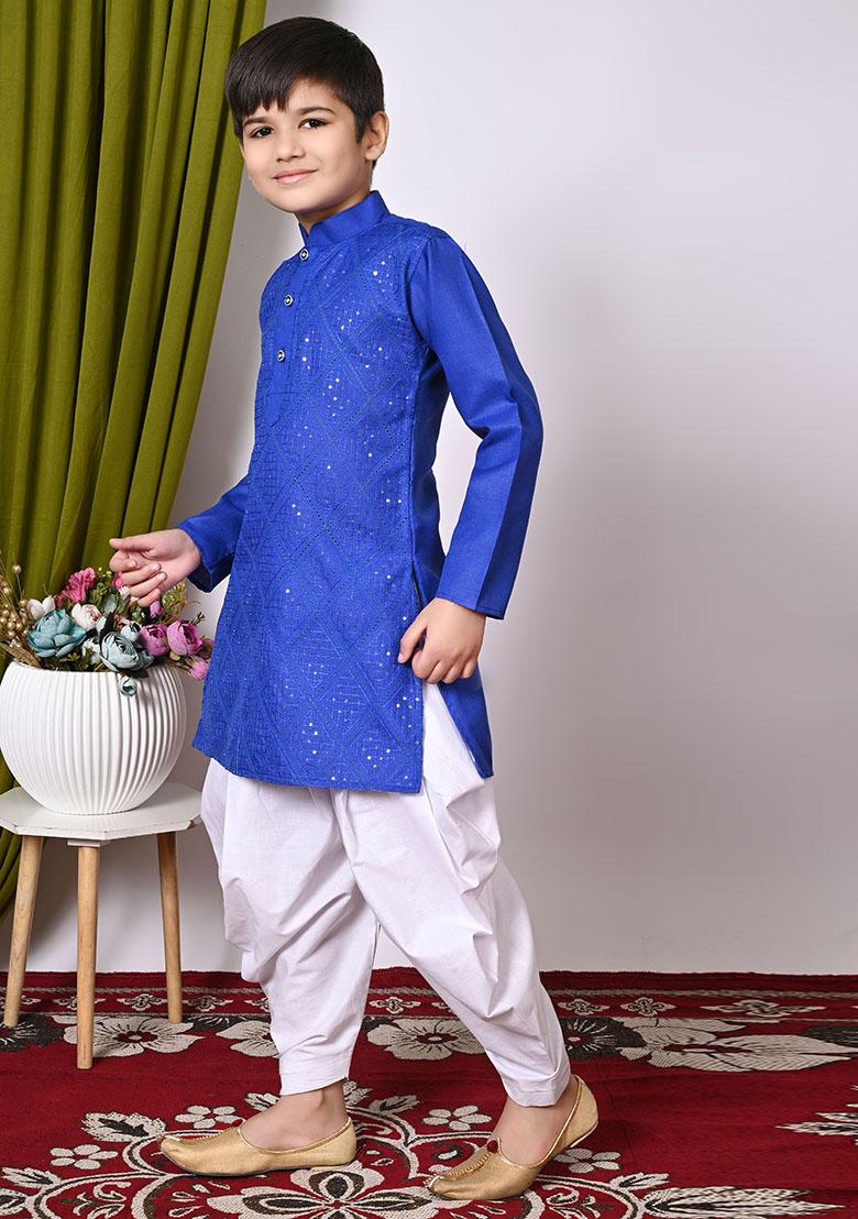 Blue Embroidered Cotton Kurta Set For Boy