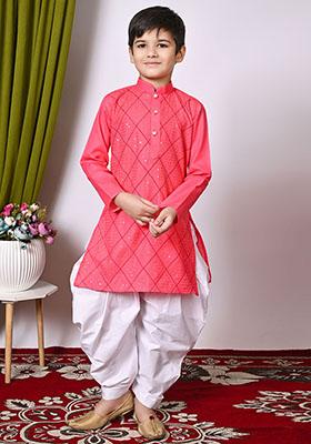 Tomato Orange Embroidered Cotton Kurta Set For Boy