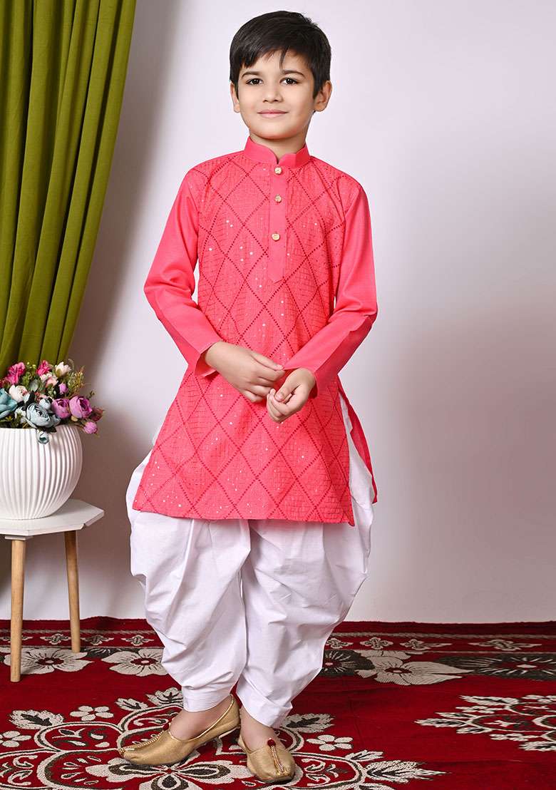 Tomato Orange Embroidered Cotton Kurta Set For Boy - Indya