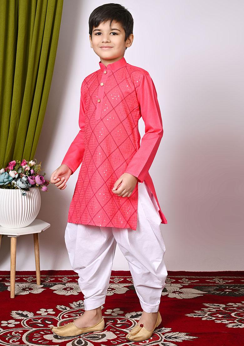 Tomato Orange Embroidered Cotton Kurta Set For Boy