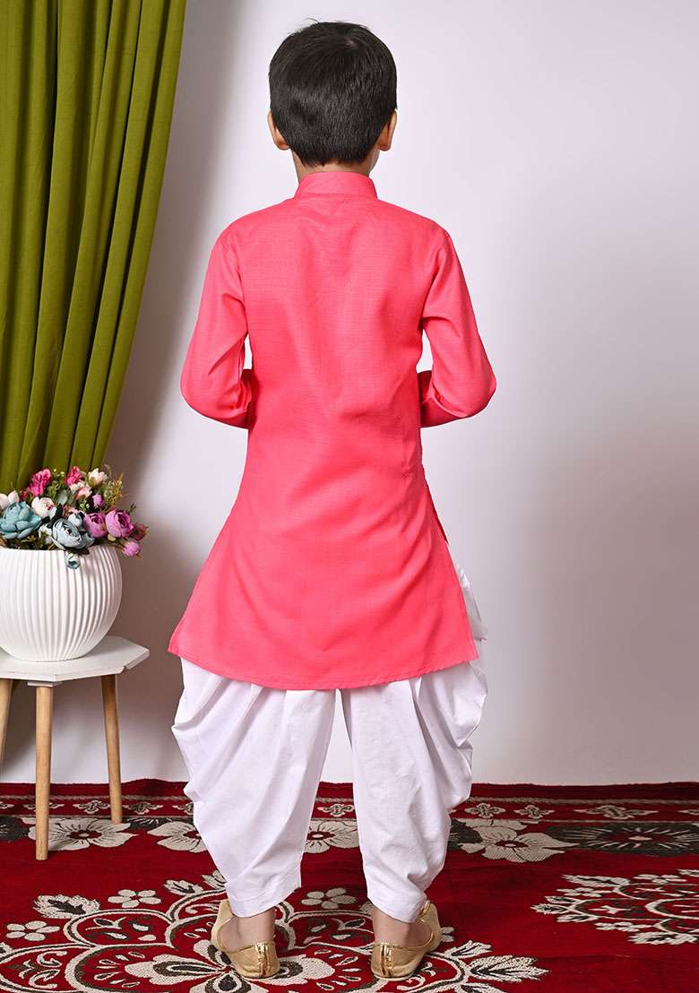 Tomato Orange Embroidered Cotton Kurta Set For Boy - Indya