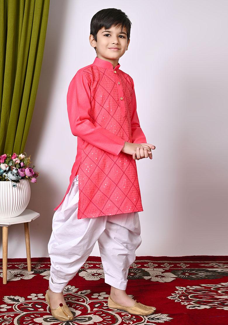 Tomato Orange Embroidered Cotton Kurta Set For Boy