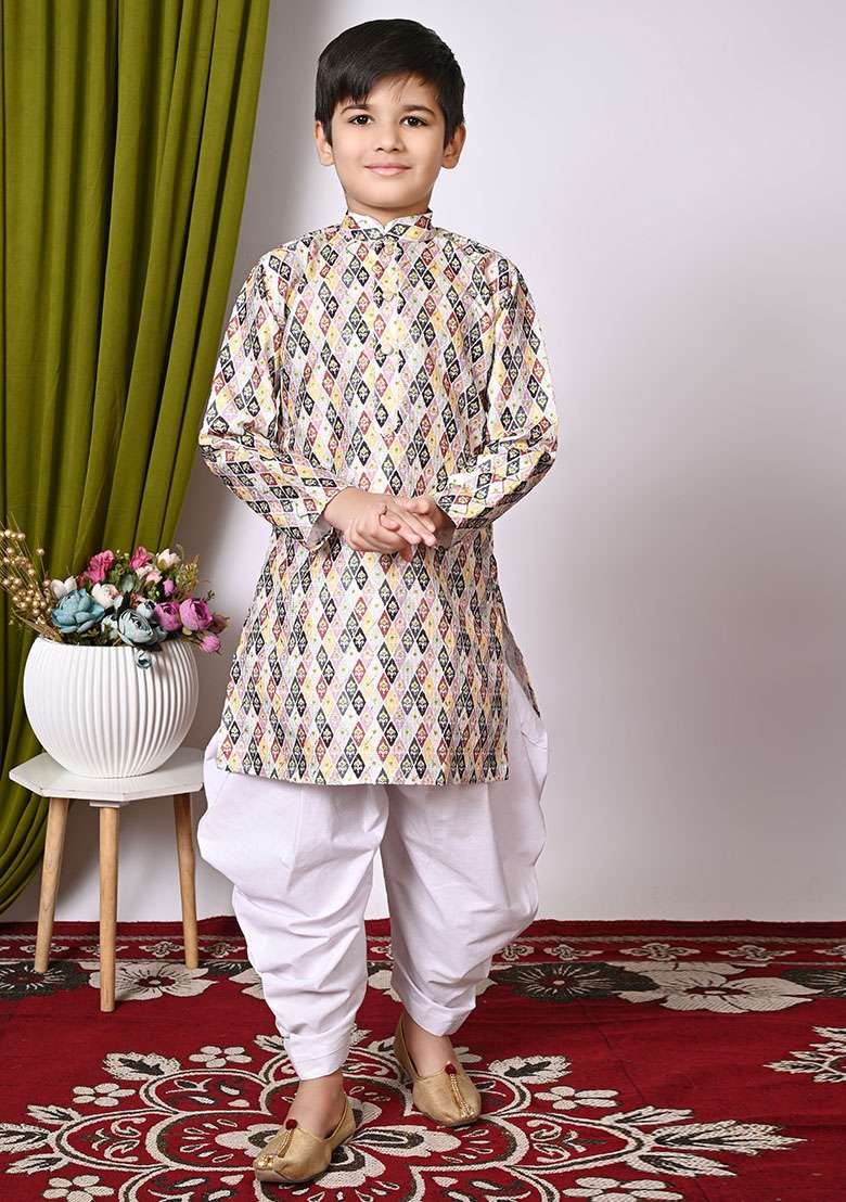Yellow Embroidered Silk Kurta Set For Boy - Indya