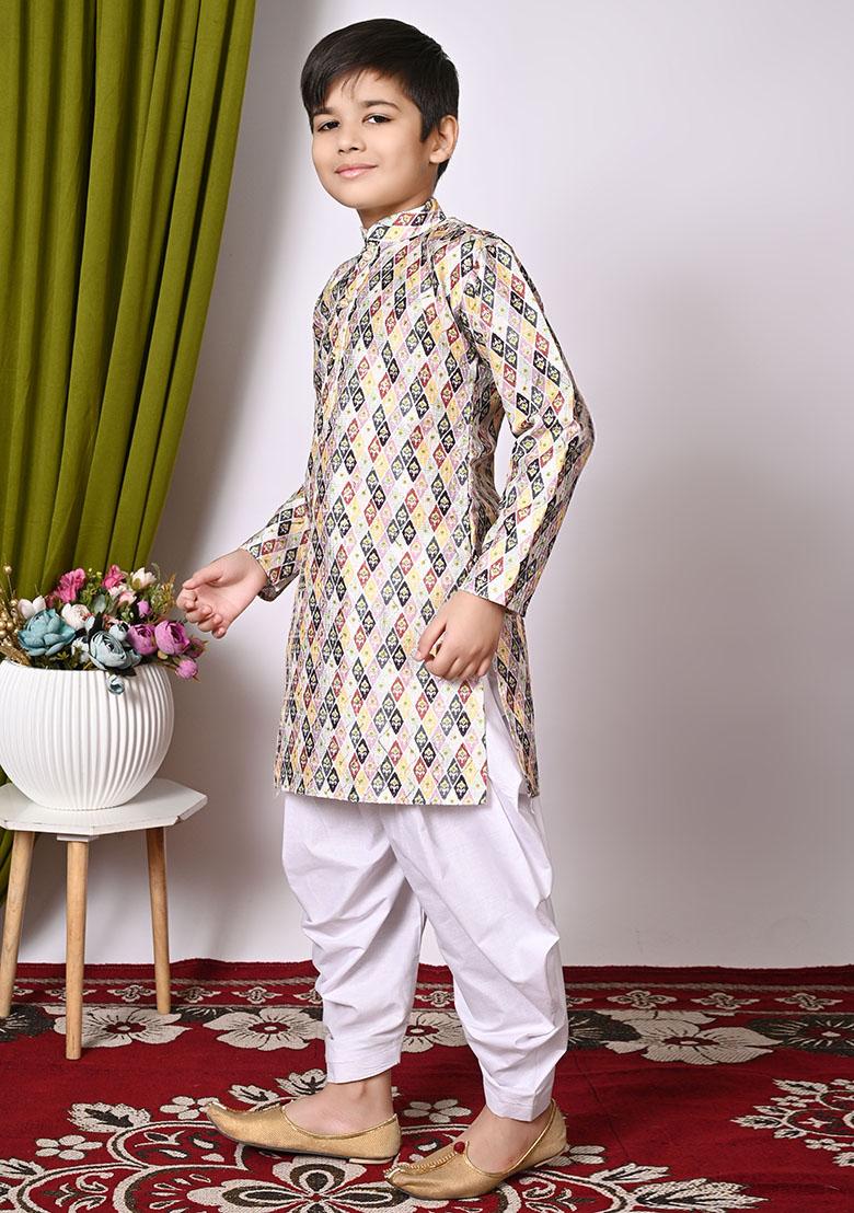 Yellow Embroidered Silk Kurta Set For Boy