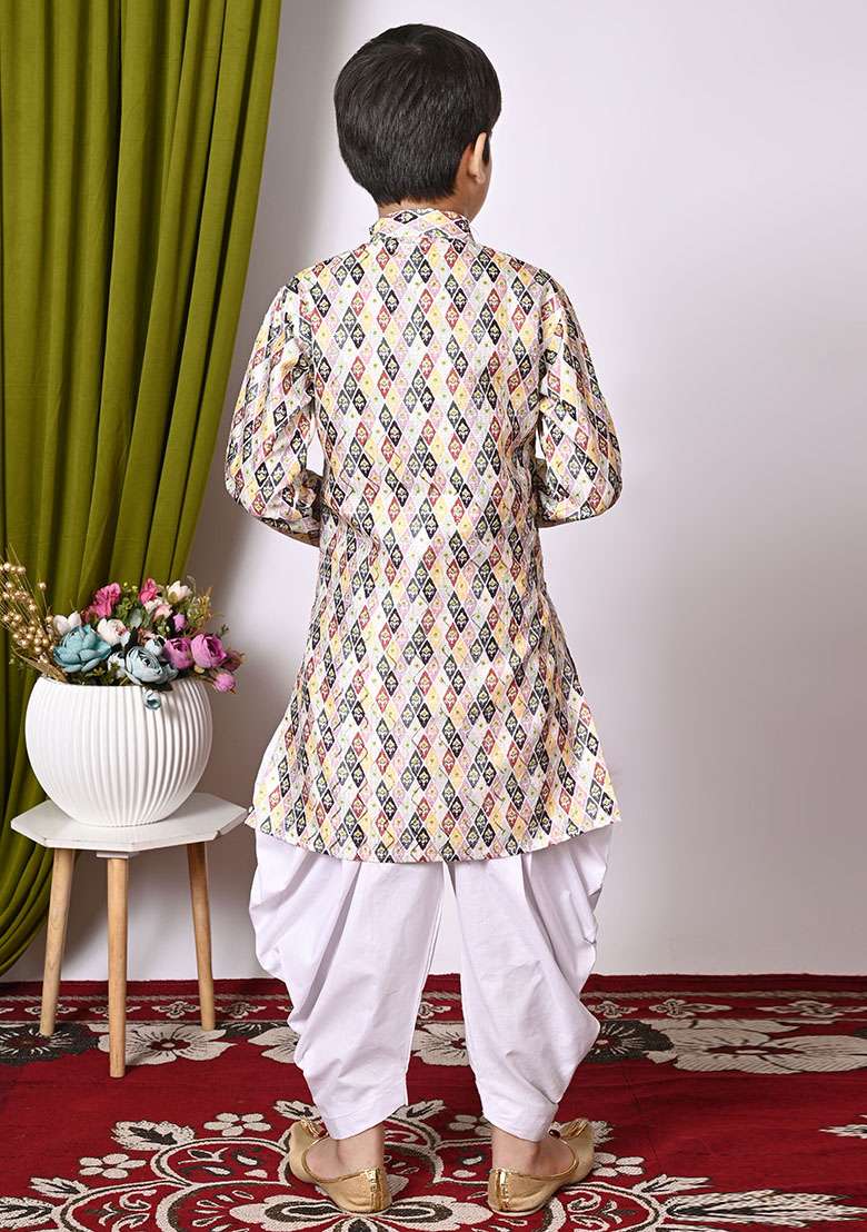 Yellow Embroidered Silk Kurta Set For Boy - Indya