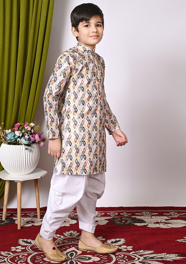 Yellow Embroidered Silk Kurta Set For Boy