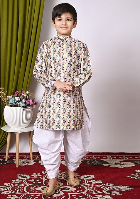 Yellow Embroidered Silk Kurta Set For Boy