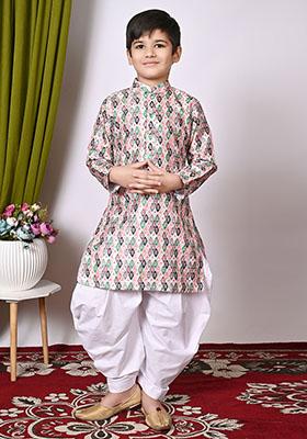 Peach Embroidered Silk Kurta Set For Boy
