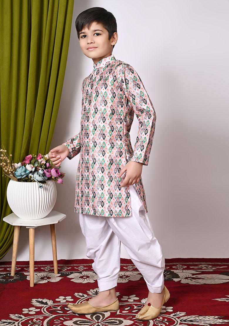 Peach Embroidered Silk Kurta Set For Boy