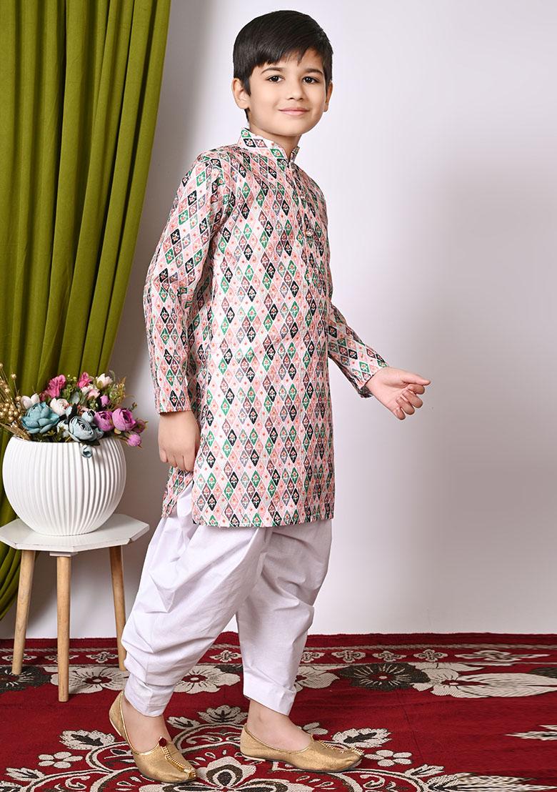 Peach Embroidered Silk Kurta Set For Boy