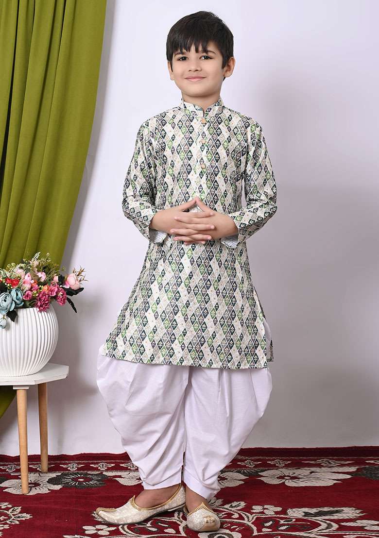Green Embroidered Silk Kurta Set For Boy - Indya