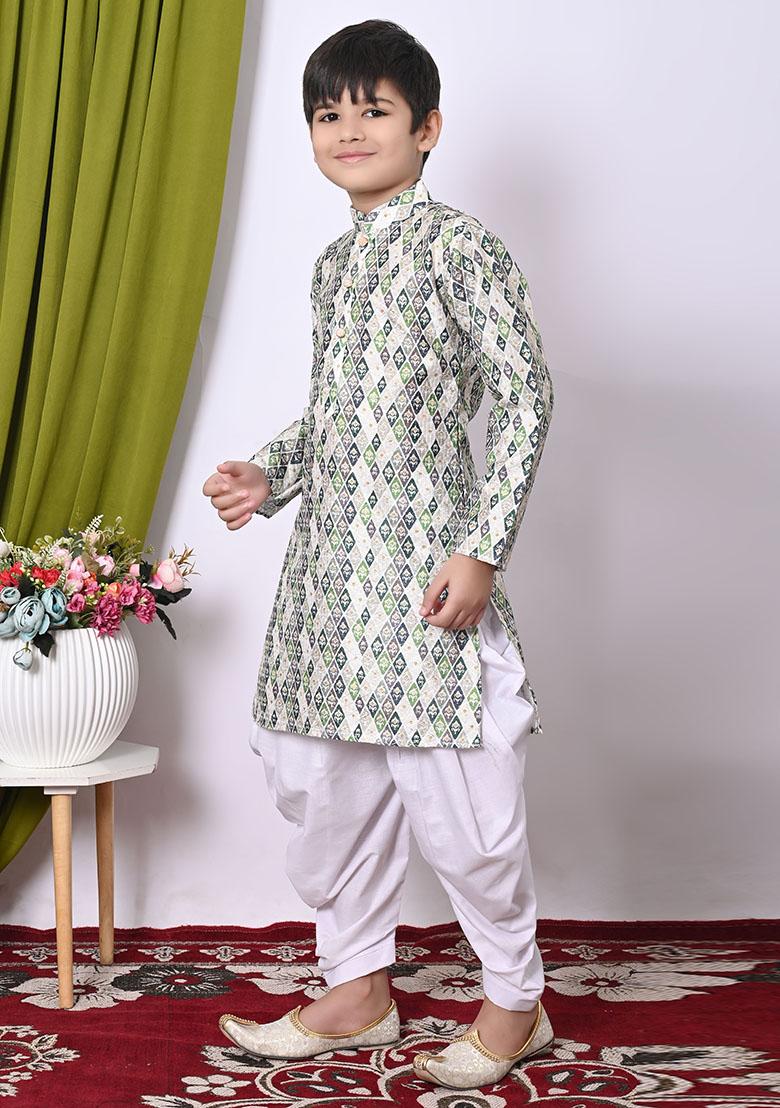 Green Embroidered Silk Kurta Set For Boy