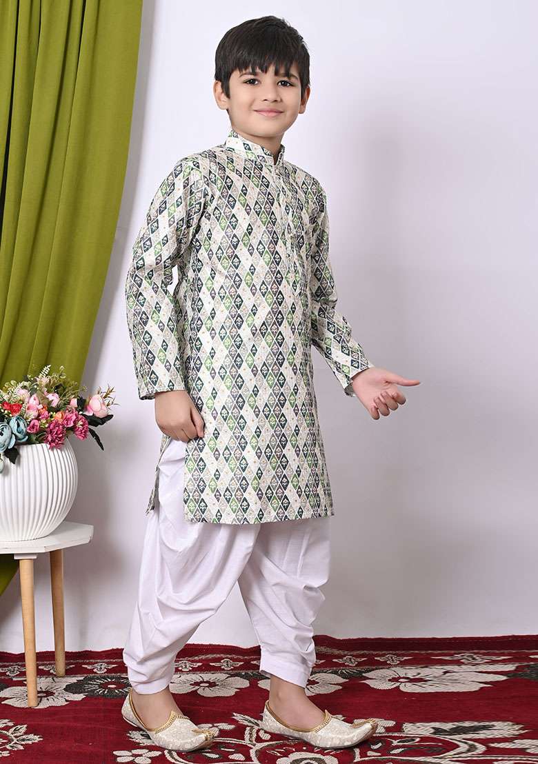 Green Embroidered Silk Kurta Set For Boy - Indya