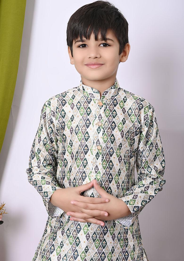Green Embroidered Silk Kurta Set For Boy