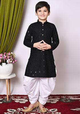 Black Embroidered Cotton Kurta Set For Boy