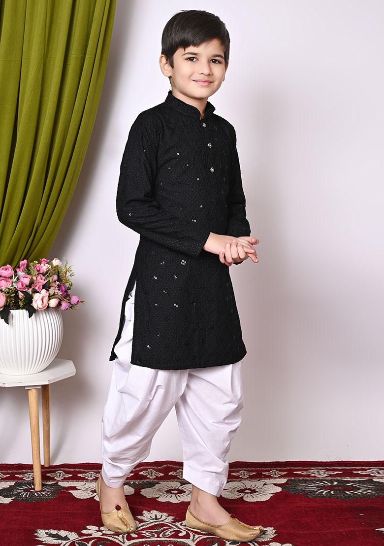 Black Embroidered Cotton Kurta Set For Boy