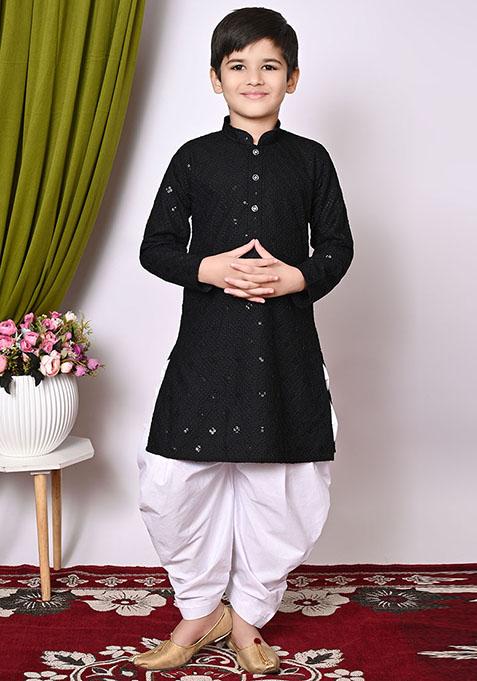 Black Embroidered Cotton Kurta Set For Boy