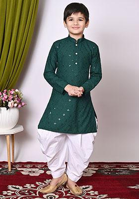 Deep Green Embroidered Cotton Kurta Set For Boy
