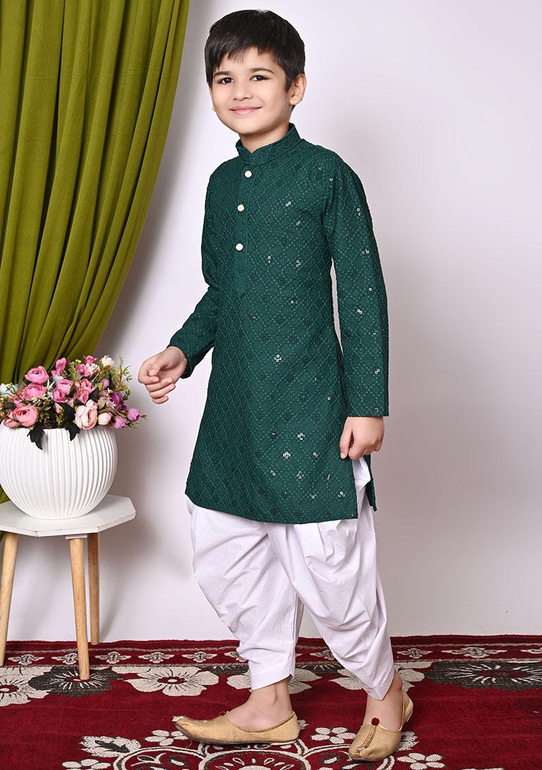 Deep Green Embroidered Cotton Kurta Set For Boy