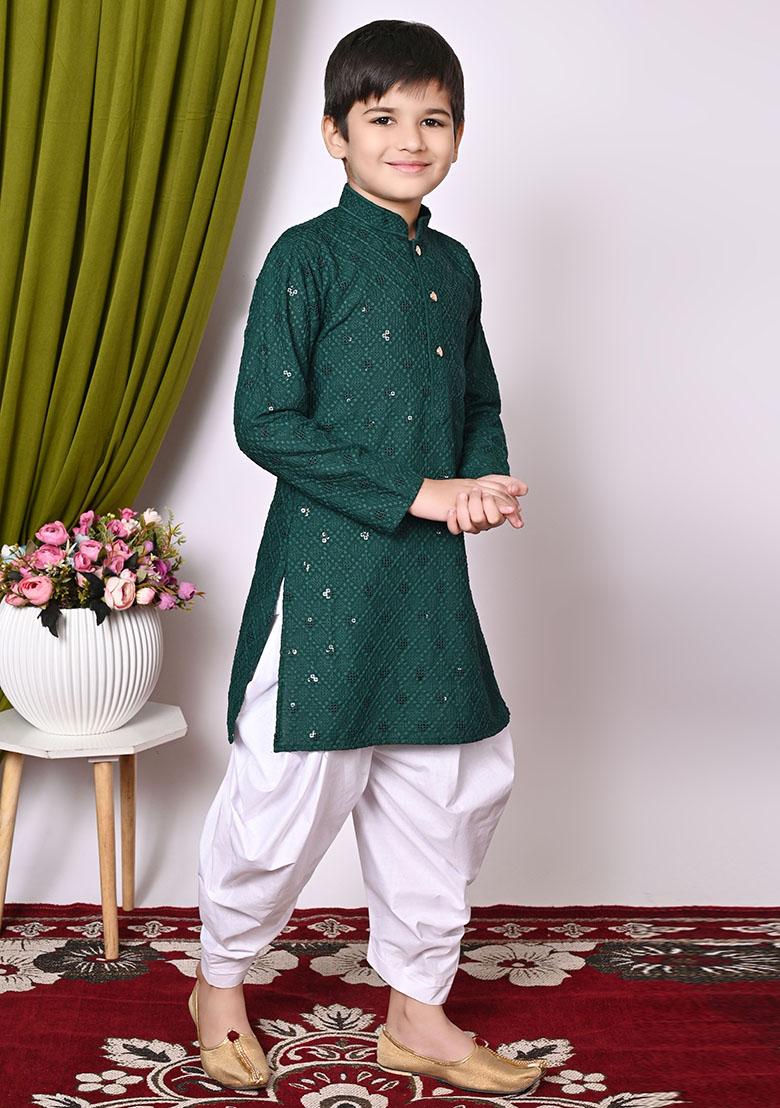 Deep Green Embroidered Cotton Kurta Set For Boy
