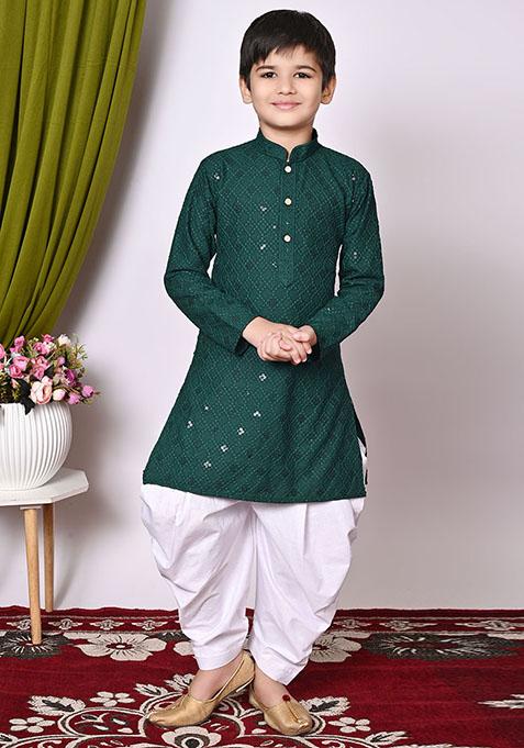 Deep Green Embroidered Cotton Kurta Set For Boy