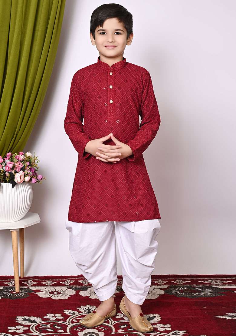 Maroon Embroidered Cotton Kurta Set For Boy - Indya