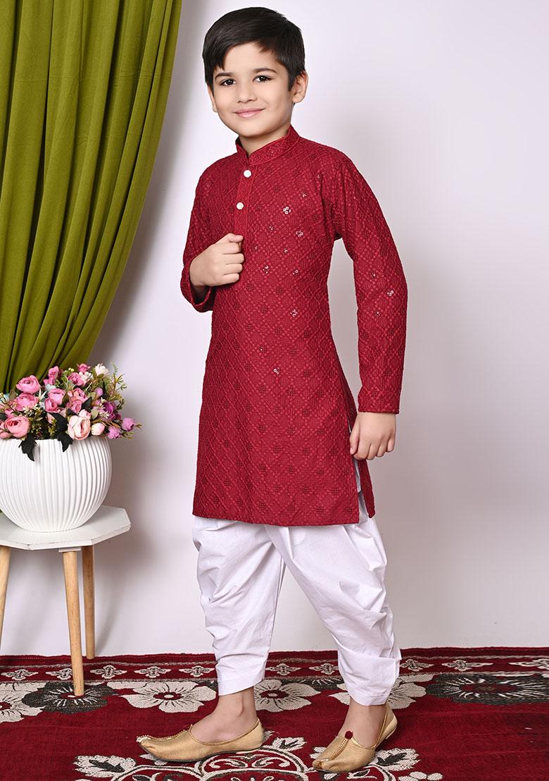 Maroon Embroidered Cotton Kurta Set For Boy