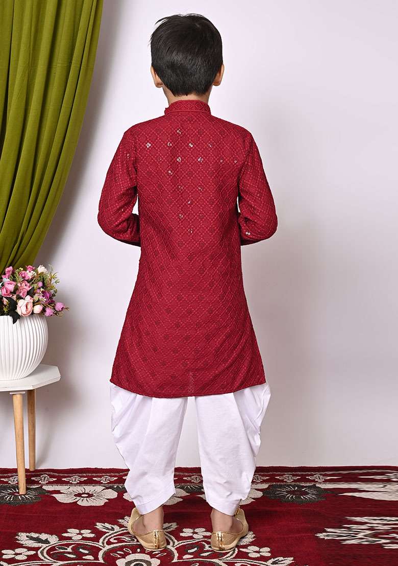 Maroon Embroidered Cotton Kurta Set For Boy - Indya