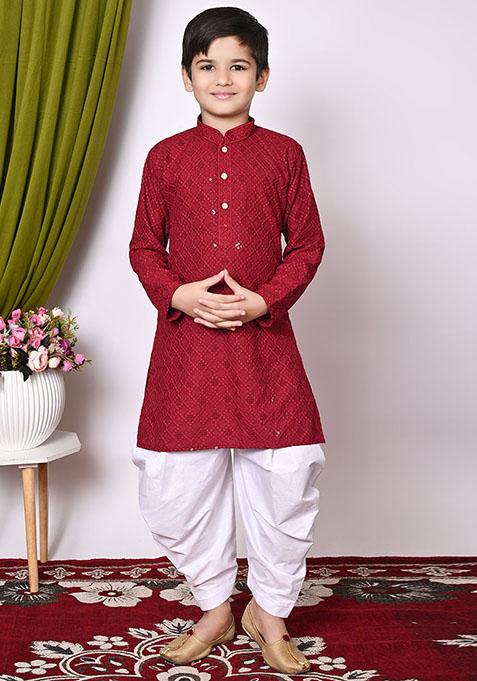 Maroon Embroidered Cotton Kurta Set For Boy