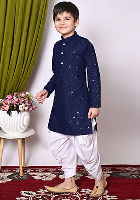 Navy Blue Embroidered Cotton Kurta Set For Boy
