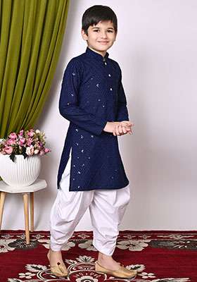 Navy Blue Embroidered Cotton Kurta Set For Boy - Indya
